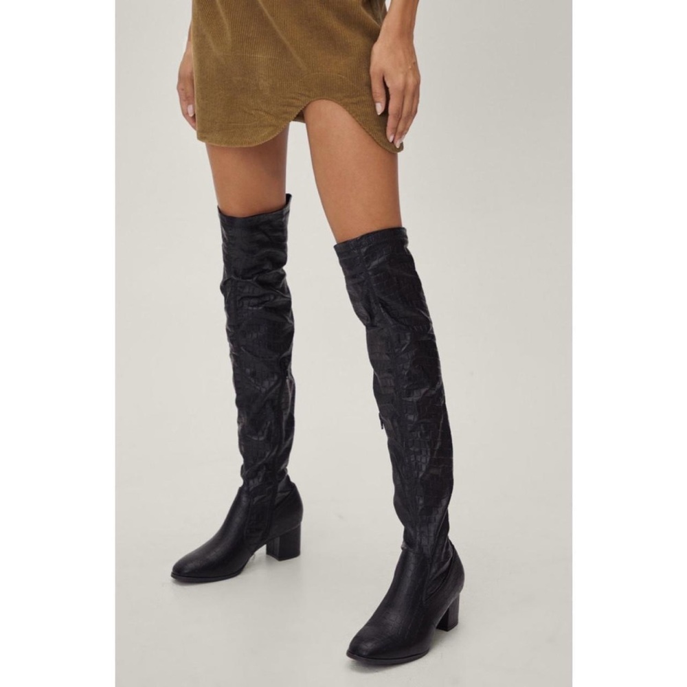 NASTY GAL Thigh High Faux Croc Block Heel Boots